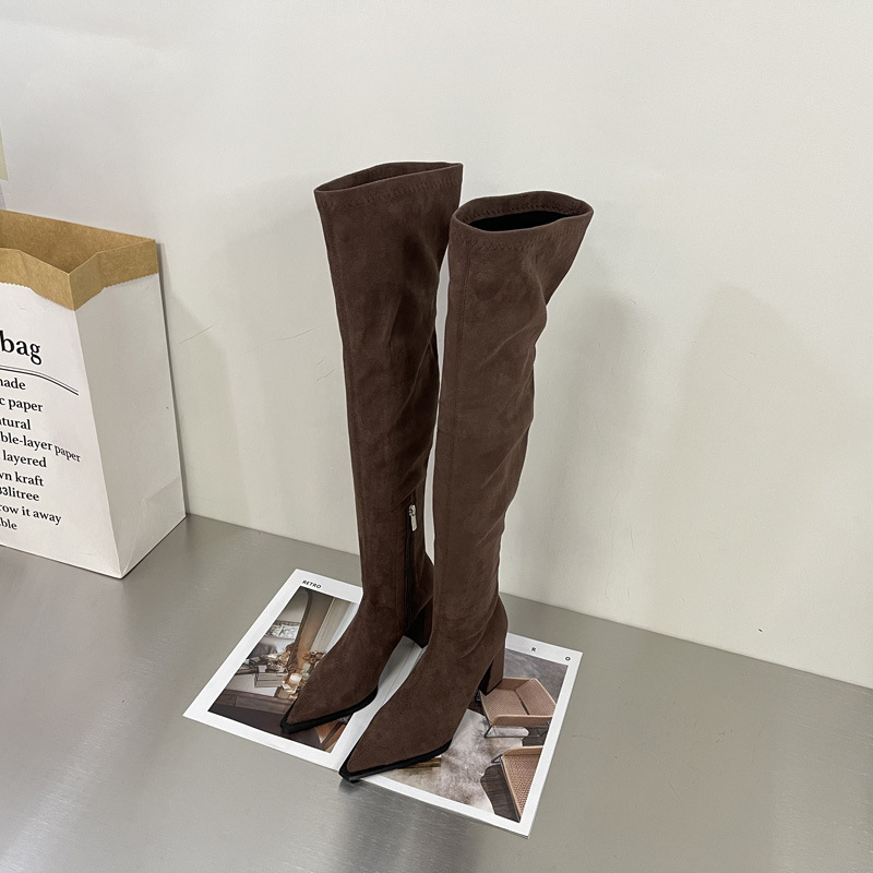 Bottes longues extensibles en daim avec talon épais et fermeture éclair